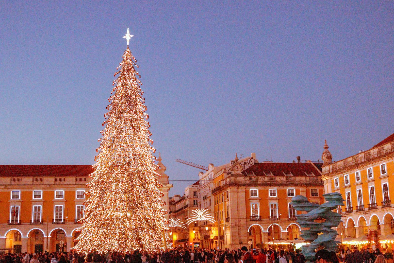 Christmas tree lit up in Praça do Comércio, Lisbon